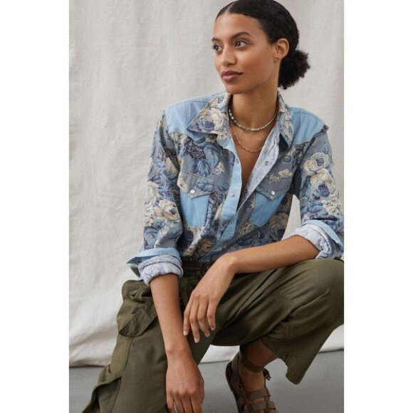 Love The Label Anthropologie Floral Chambray Buttondown Top Print M-P New - Picture 1 of 9